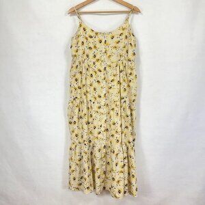 Yellow Floral Tiered Midi Dress with Spaghetti Straps